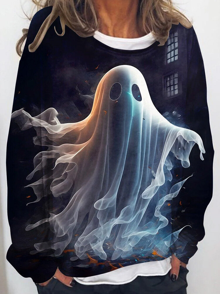 

Women Cartoon Ghost Print Crew Neck Halloween Long Sleeve T-Shirt, Black