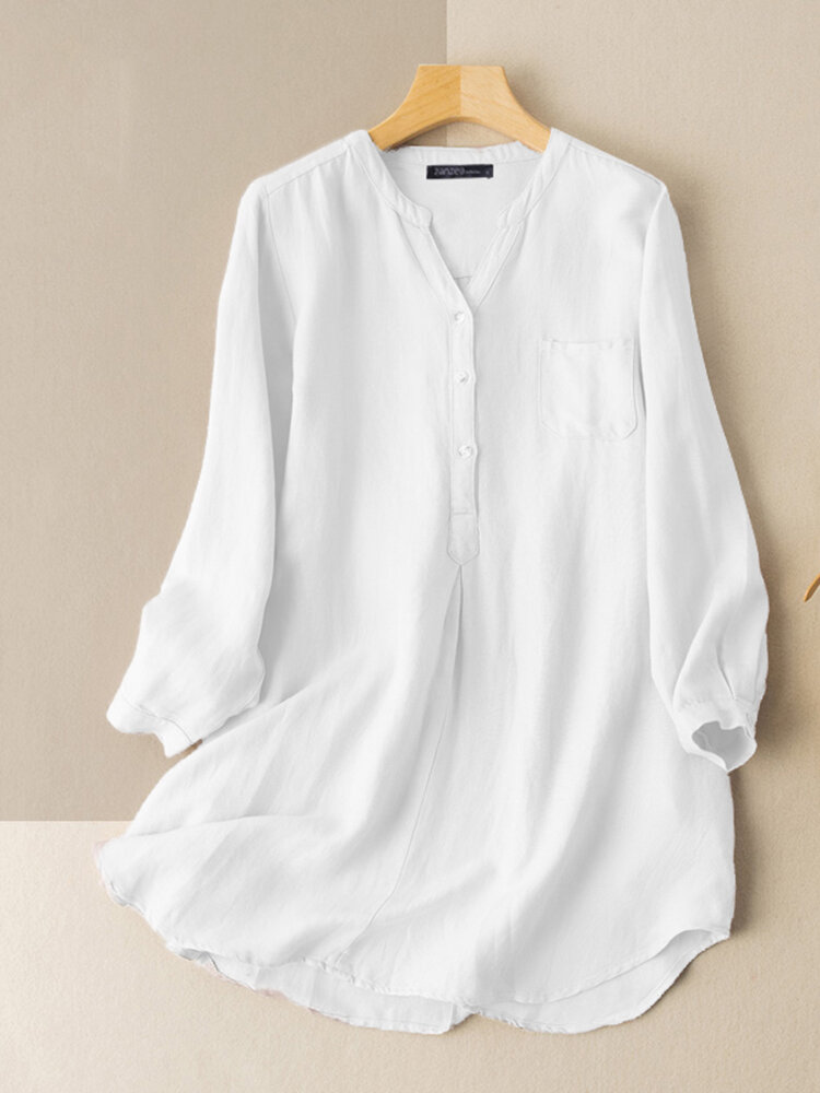 Solid Loose Pocket Button Front Long Sleeve Blouse