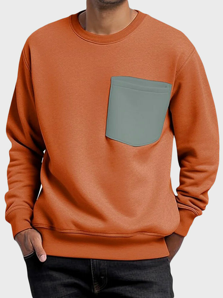 Lässige Pullover-Sweatshirts für Herren mit kontrastierenden Taschen und Rundhalsausschnitt für den Winter