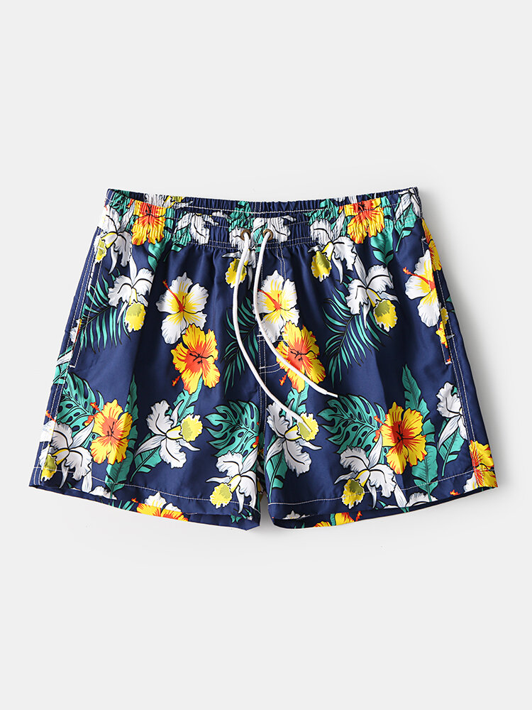 Floral & Leaves Print Loose Swimming Pants Breathable Drawstring Board Shorts With Pockets