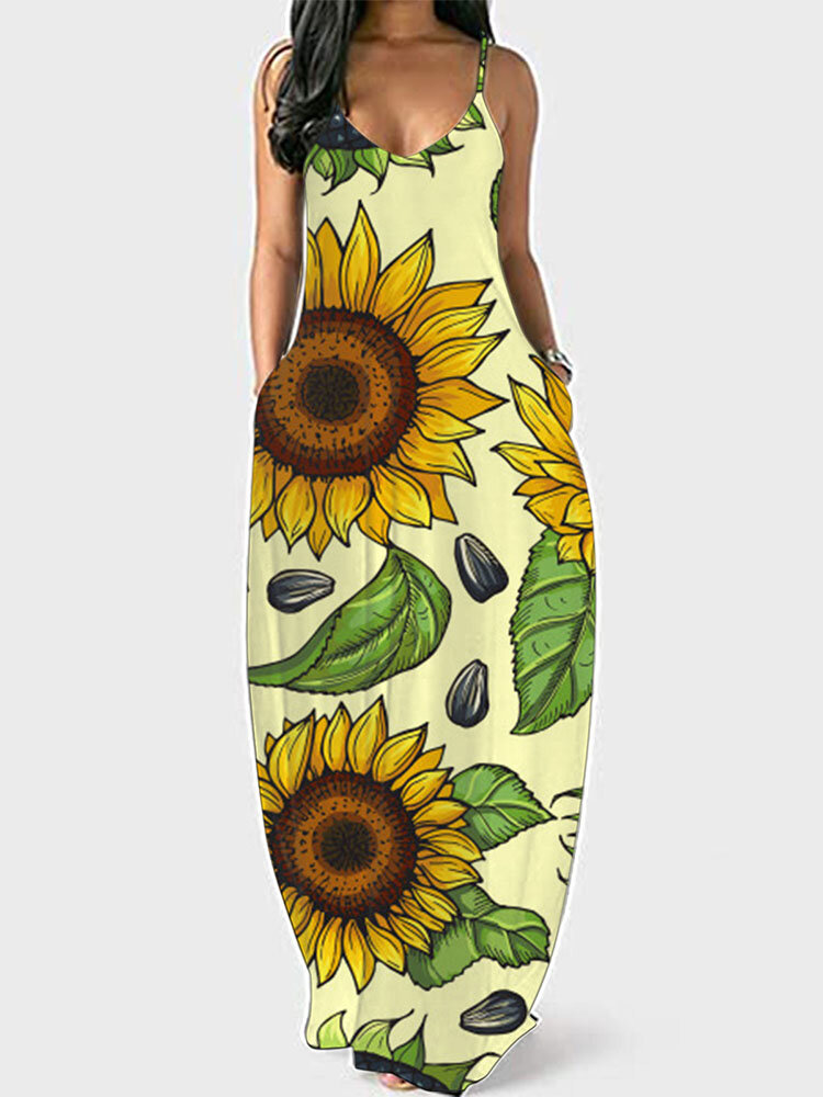 Bohemian Sunflowers Seed Print Plus Size Beaches Camisole Dress