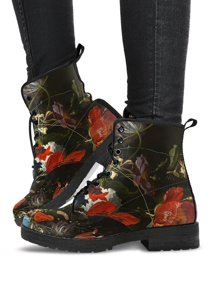 

Large Size Women Casual Floral Print Lace-up Comfortable Tooling Boots, Red