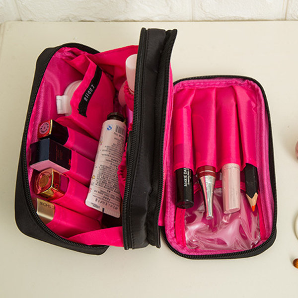 Women Elegant Black Duble Zipper Cosmetic Bag Travel Storage Bag Toilitry Bag