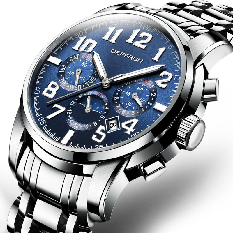 

DEFFRUN Calendar Moon Phase Luminous Mechanical Luxury Watches Stainless Steel Men's Business Watch, Blue