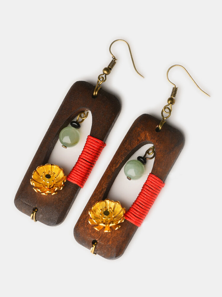 Ethnic Handmade Wood Jade Earrings Vintage Gold Daisies Flower Dangle Earrings for Women