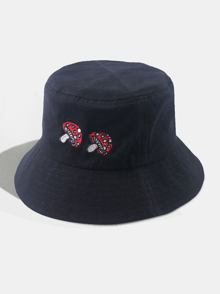 Women & Men Mushroom Embroidery Pattern Soft Casual All-match Couple Hat Bucket Hat