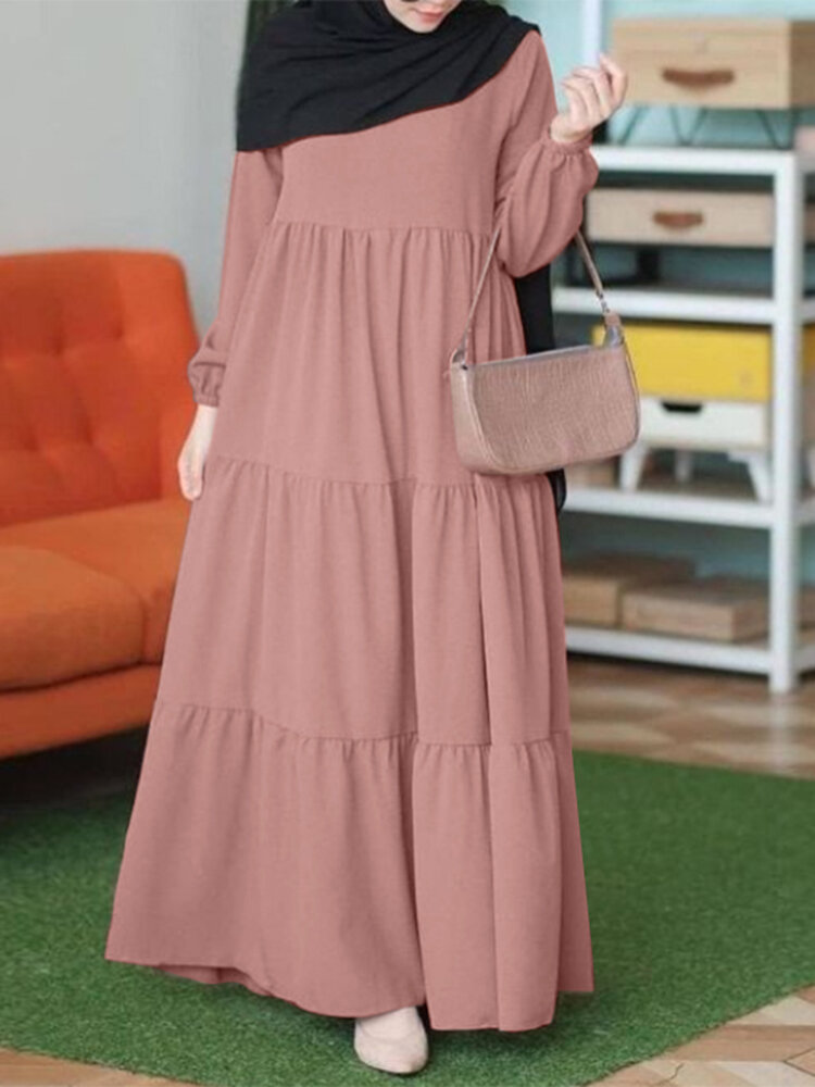 Women Solid Tiered Design Long Sleeve Muslim Maxi Dress