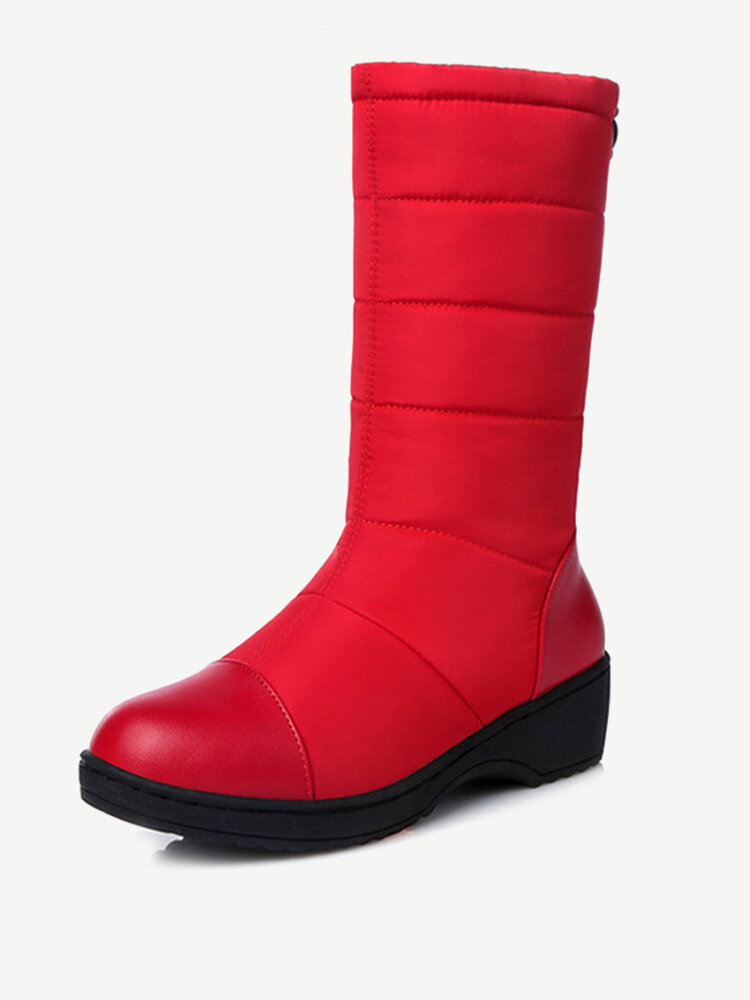 Down Cloth Warm Waterproof Pure Color Mid Calf Lightweight Chunky Heel Boots