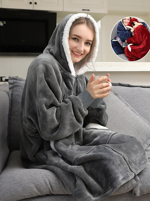 Women Zip Front Thick Double-Plush Wearable Blanket Oversized Hoodie Home Robe Sweatshirt With Large Front Pocket