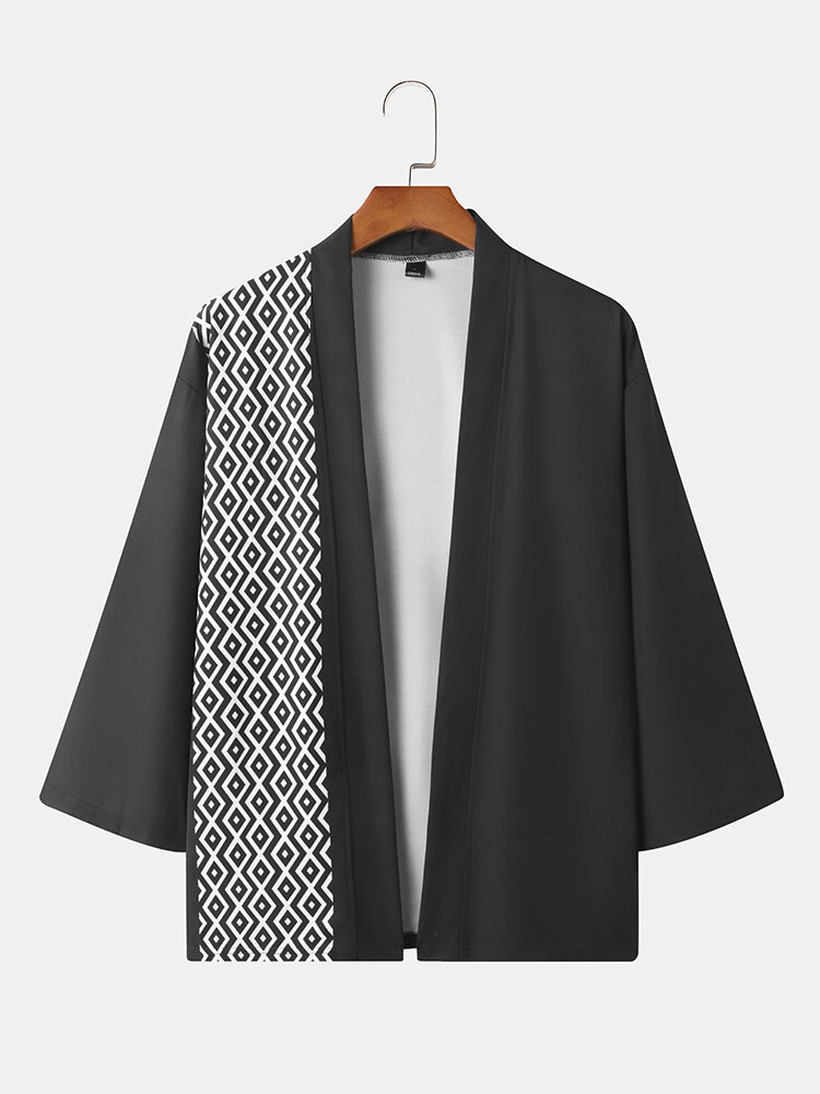 Mens Monochrome Geometric Print Open Front Casual 3/4 Sleeve Kimono