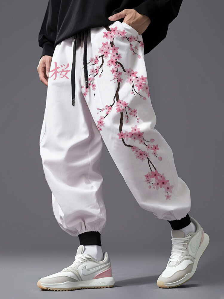 Mens Japanese Cherry Blossoms Print Drawstring Waist Pants With Pocket