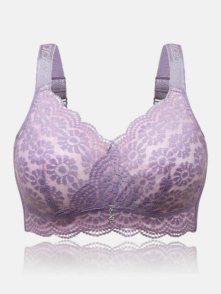 

Women Floral Jacquard Wireless Lace Trim Full Cup Lightly Lined Comfy Back Closure Bra, Purple;black;grey;nude;green