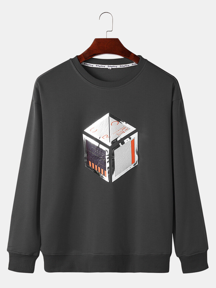 

Mens 100% Cotton Cube Graphic Print Casual Crew Neck Sweatshirts, Grey;black;orange