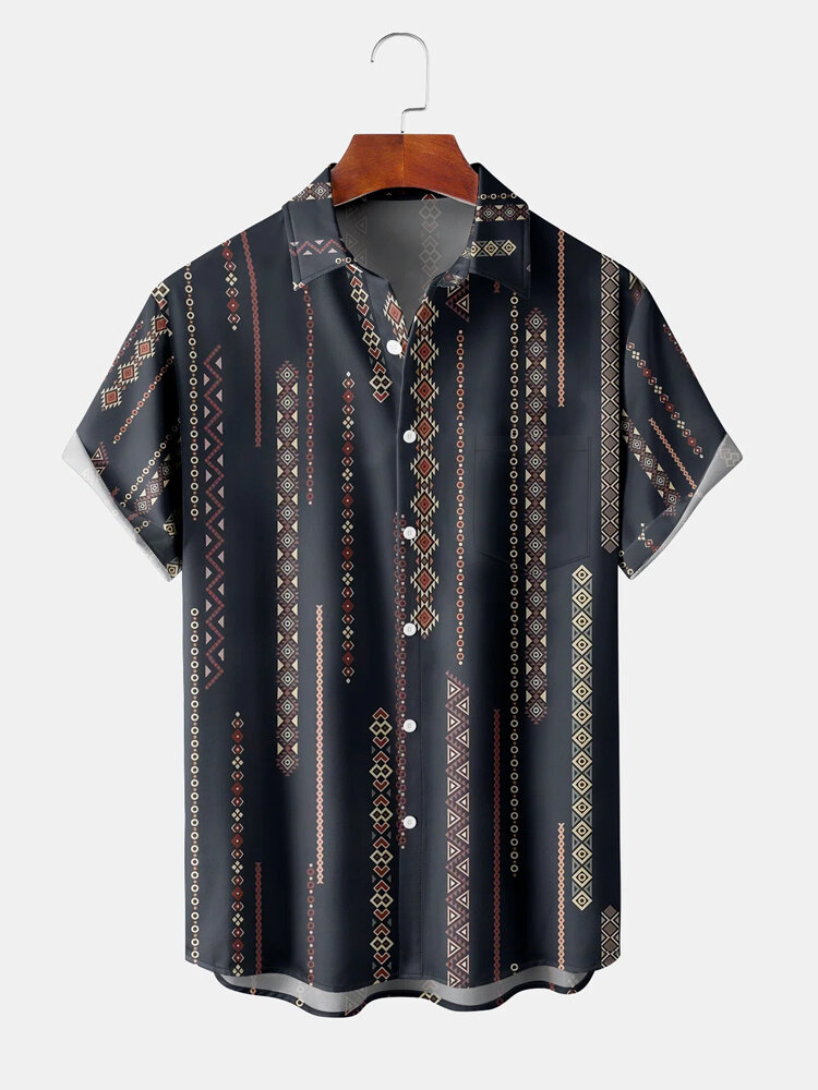 Mens Vintage Geometric Print Button Up Short Sleeve Shirts