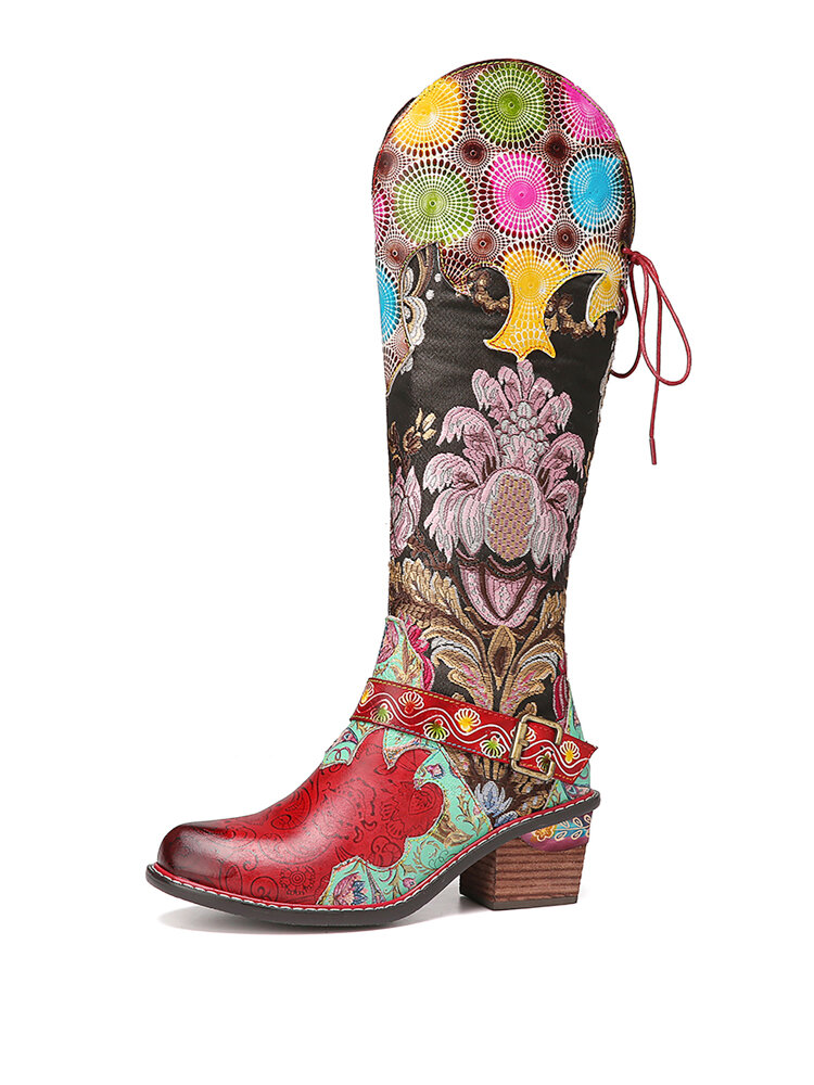 

SOCOFY Gorgeous Flowers Cloth Splicing Printed Leather Comfy Mid-calf Boots, Red
