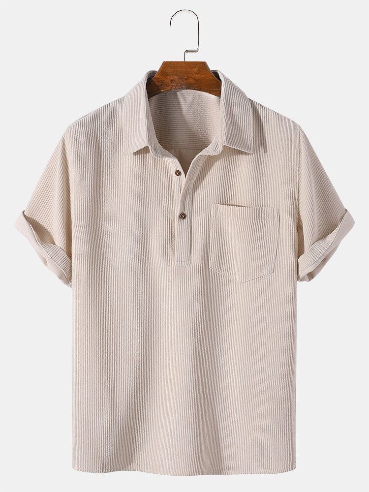 Mens Corduroy Solid Color Lapel Short Sleeve Golf Shirt