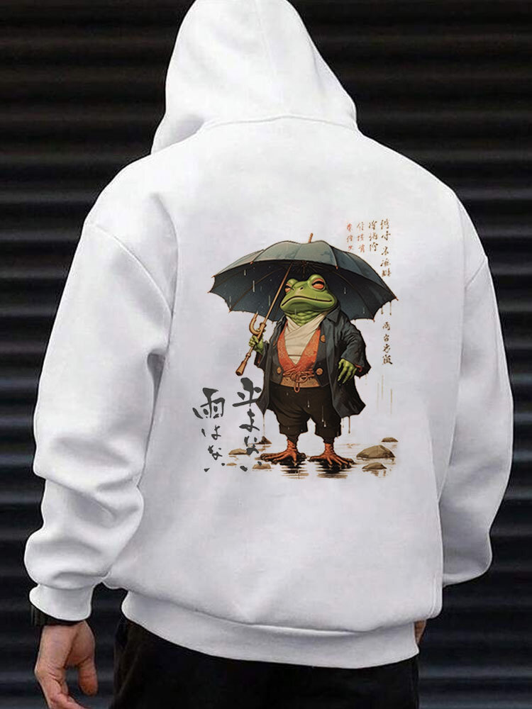 

Mens Japanese Frog Figure Back Print Loose Long Sleeve Hoodies Winter, White