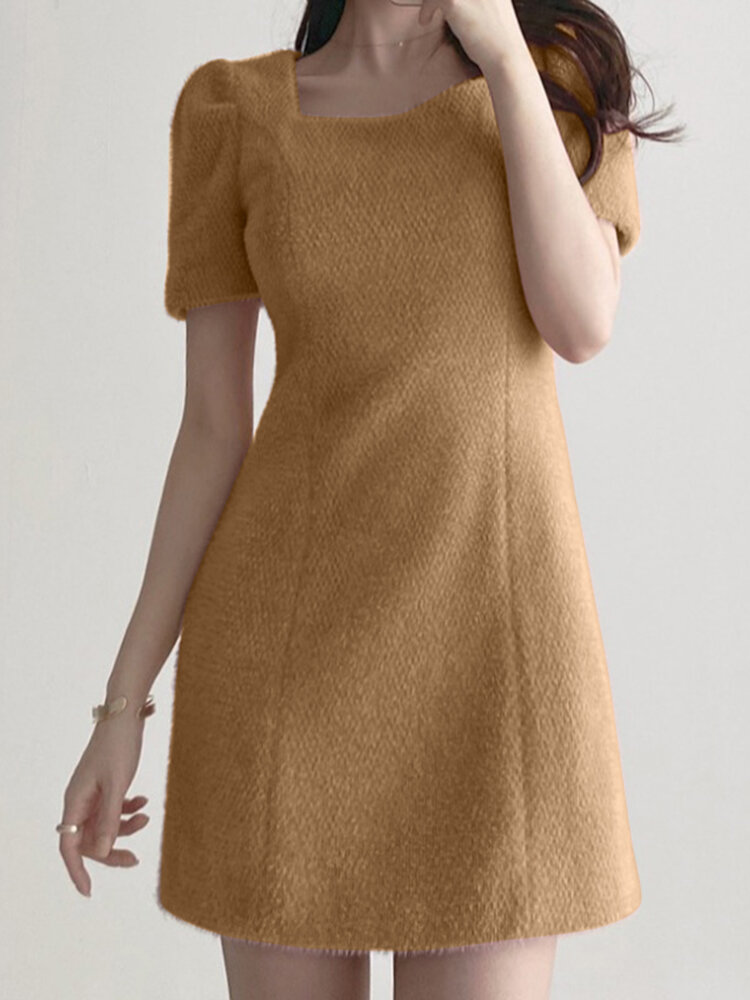 Solid A-line Square Collar Short Sleeve Casual Dress