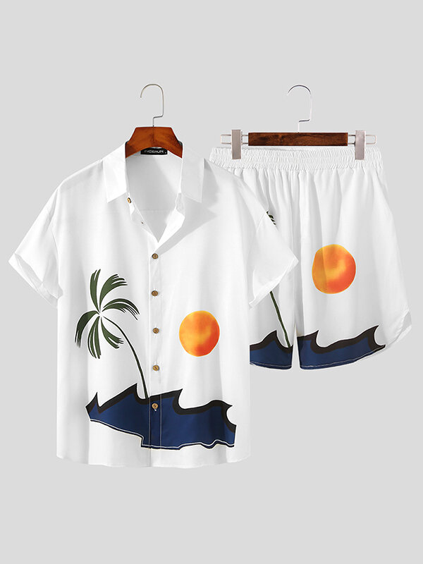 Men′s Sunset Beach Print Shirts Set