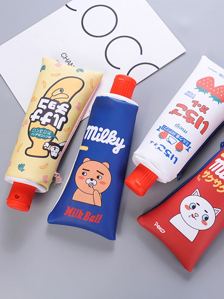 New Korean Cartoon Toothpaste Shape Pencil Case With Sharpener Stationery Storage Organizer Bag 