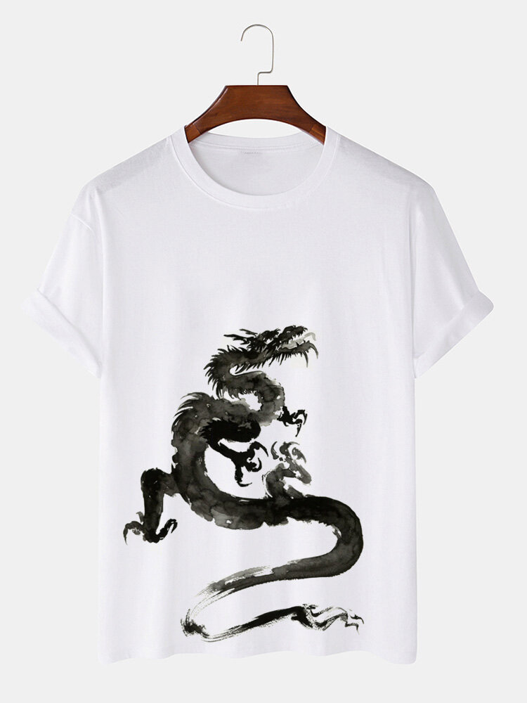 

Mens Chinese Ink Dragon Graphic Crew Neck Short Sleeve T-Shirts Winter, White