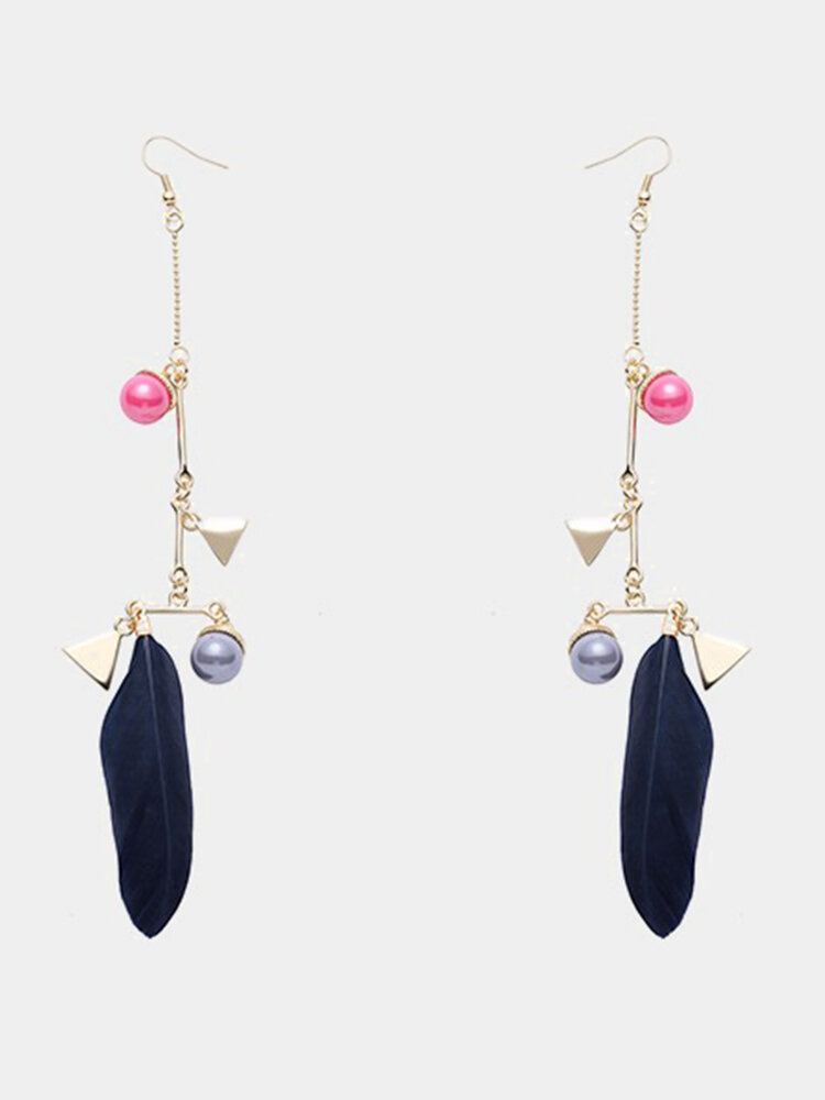 Balancing Style Simple Feather Triangle Pearl Tassel Long Earrings