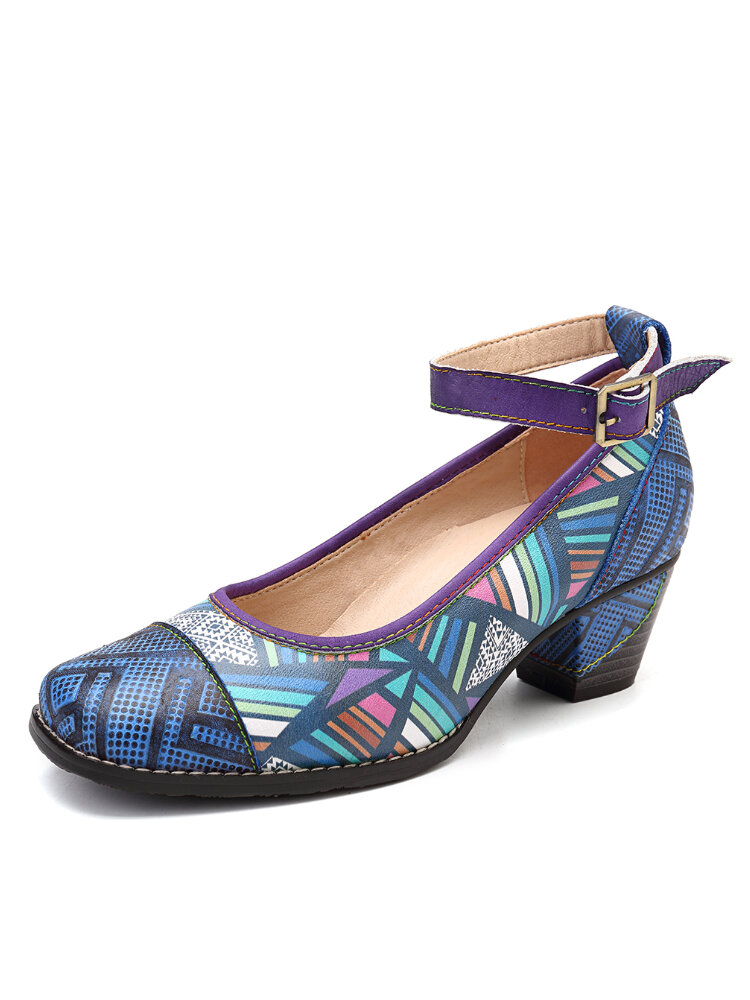 

SOCOFY Bohemia Genuine Leather Splicing Colorful Geometric Pattern Comfortable Buckle Strap Pumps, Blue