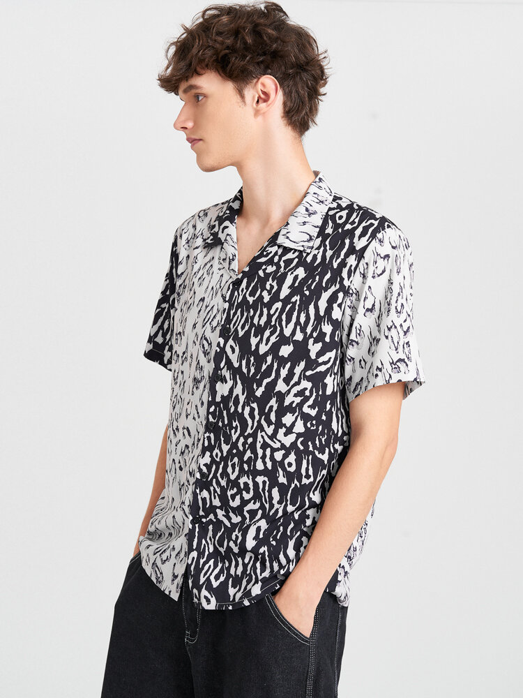 Mens Leopard Matching Print Revere Collar Short Sleeve Shirts