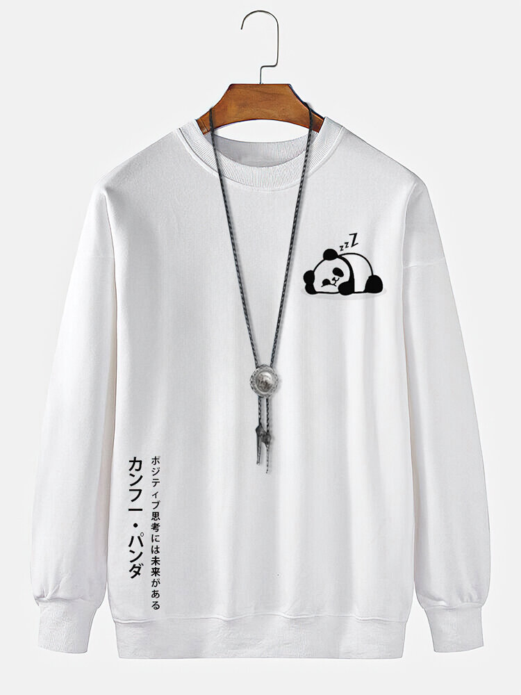 

Mens Cartoon Panda Japanese Print Crew Neck Pullover Sweatshirts, White;apricot