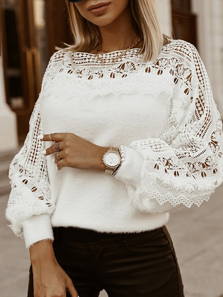 Women Lace Patchwork Crew Neck Knit Long Sleeve Sweater