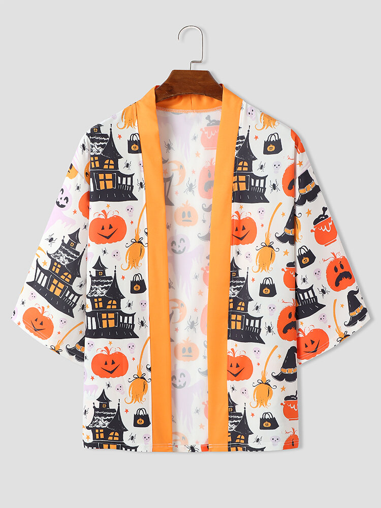 Mens Halloween Pumpkin Castle Print Open Front 3/4 Sleeve Kimono