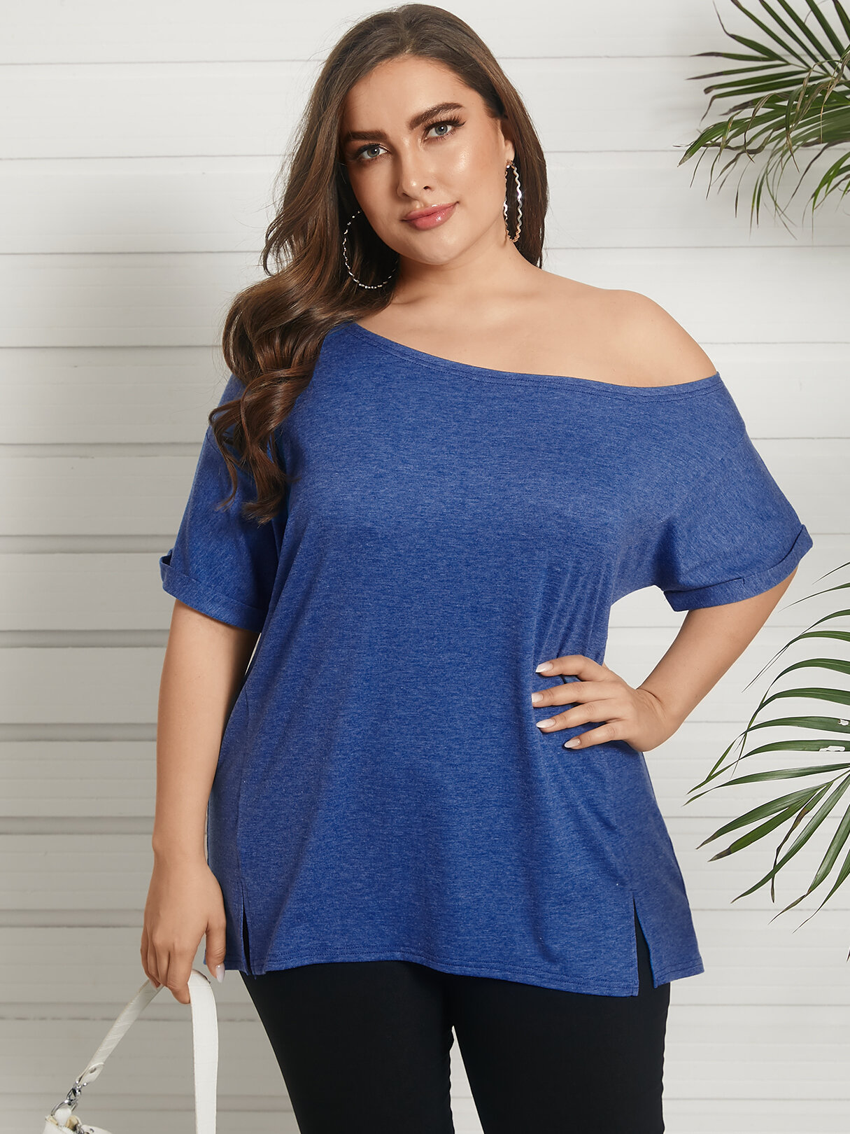 Plus Size Solid One Shoulder Short Sleeves T-shirt