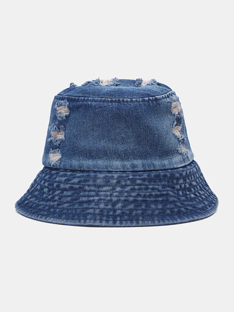 Unisex Distressed Washed Denim Solid Color Broken Hole Vintage Sunshade Bucket Hat