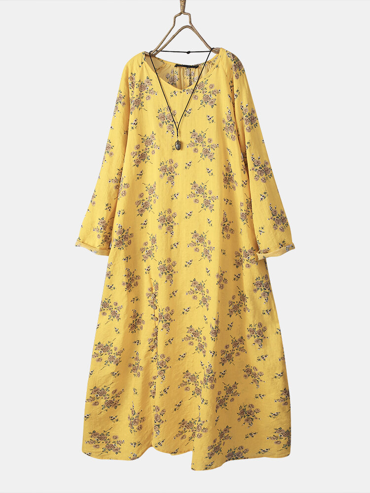 Casual Floral Printed Long Sleeve Button Maxi Dress With Pockets