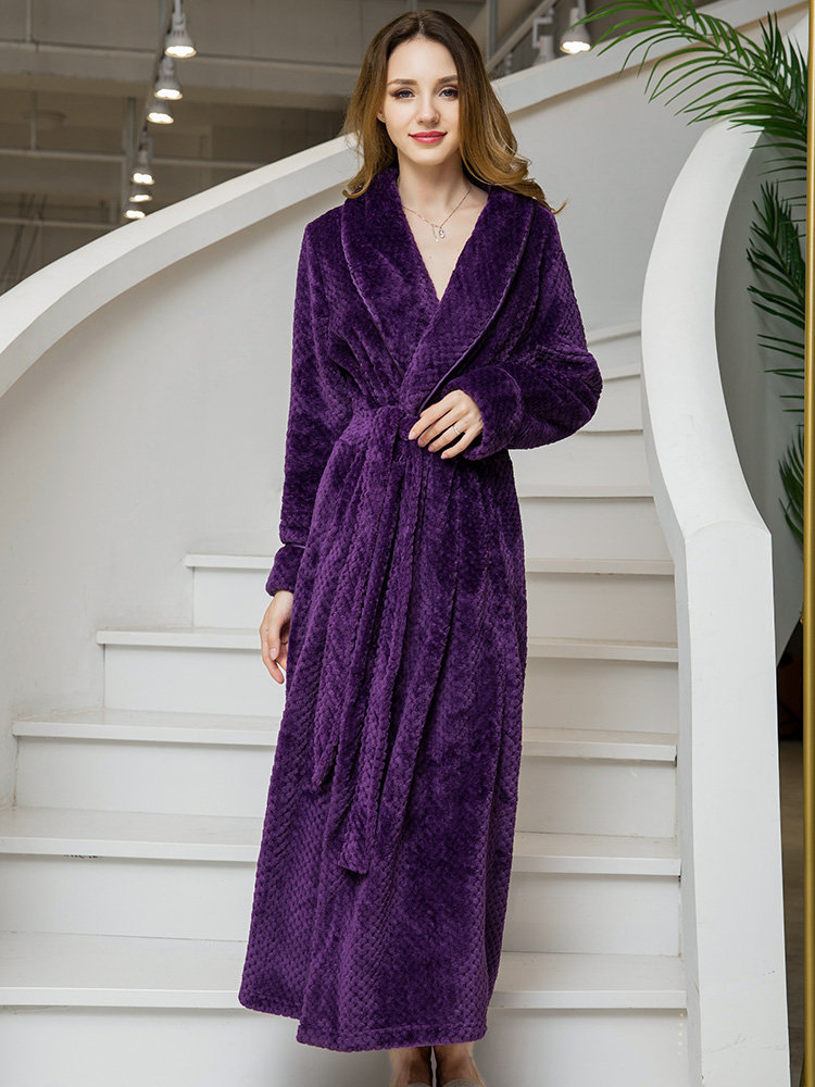 

Jacquard Flannel Belt Long Sleeves Sleepwear Pajamas For Autumn Winter, Navy;black;purple;white;grey;orange