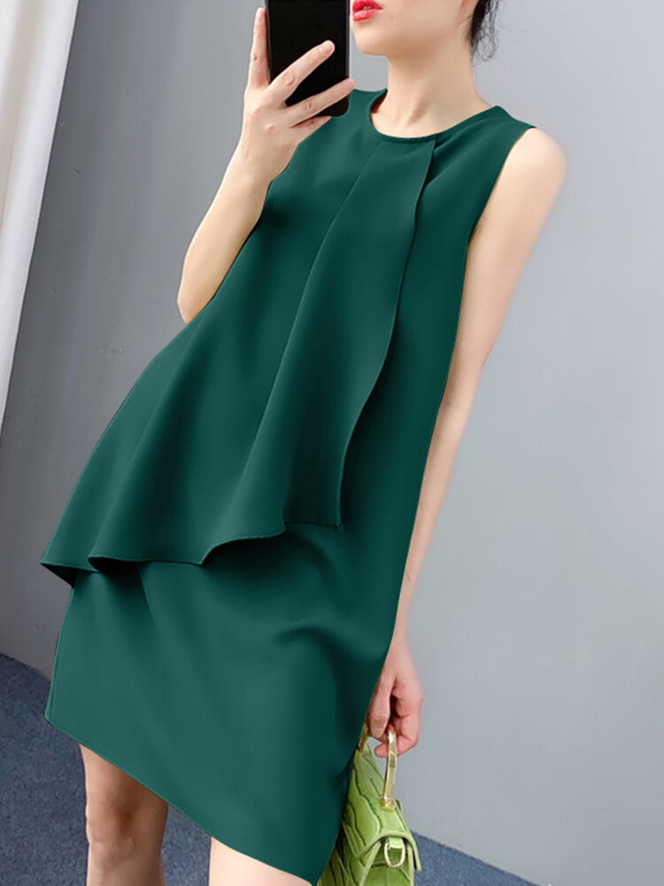 Solid Ruffle Front Crew Neck Sleeveless Casual A-line Dress