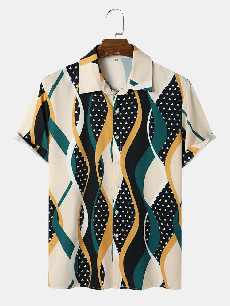Mens Wave Striped Triangle Print Casual Short Sleeve Shirts