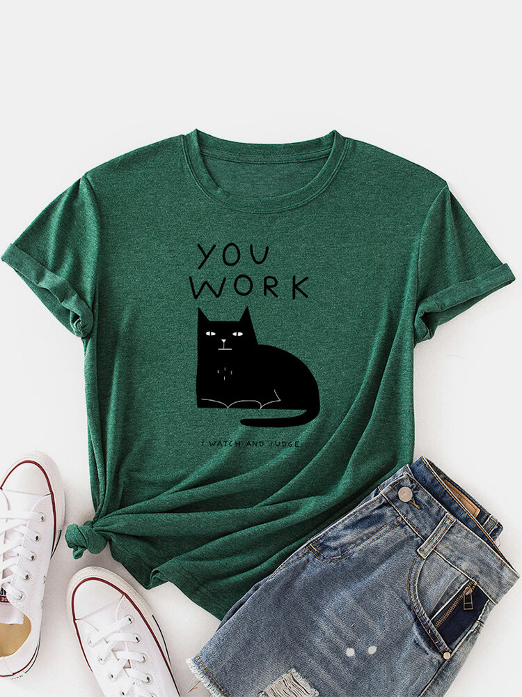 Свободная повседневная футболка с коротким рукавом и круглым вырезом с кошачьим принтом для Женское