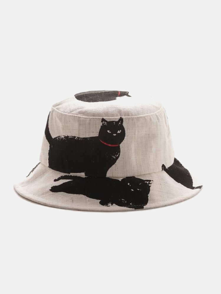 JASSY للجنسين قطن بوليستر Black قطة طباعة كاجوال خارجية متعددة الاستخدامات قابلة للطي في الهواء الطلق قبعة واقية من الشمس قبعة دلو