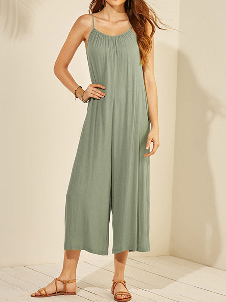 Solid Color Loose Cami Long Sleeveless Casual Jumpsuit for Women