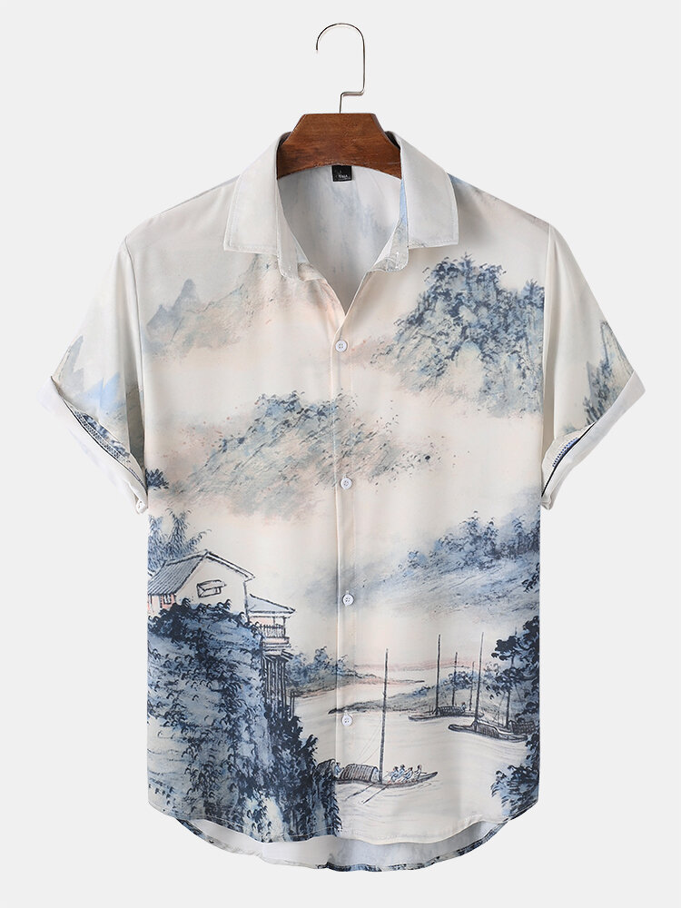 Mens Ink Landscape Printing Short Sleeve Chinoiserie Shirt