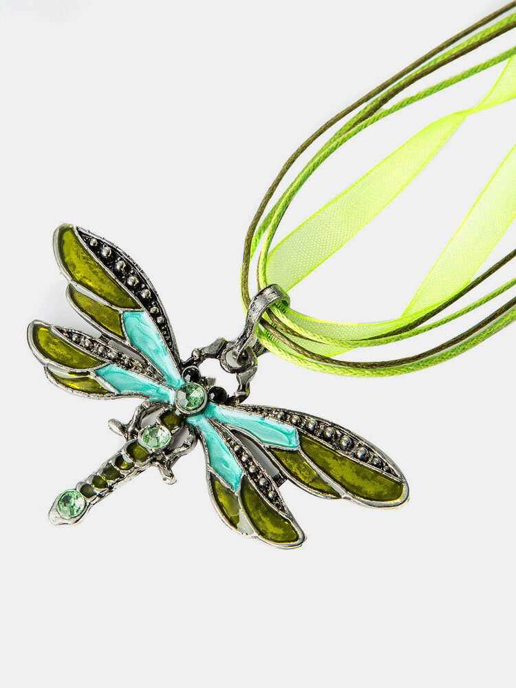 Trendy Colorful Dragonfly Pendant Necklaces Rhinestones Fabric Womens Long Necklaces