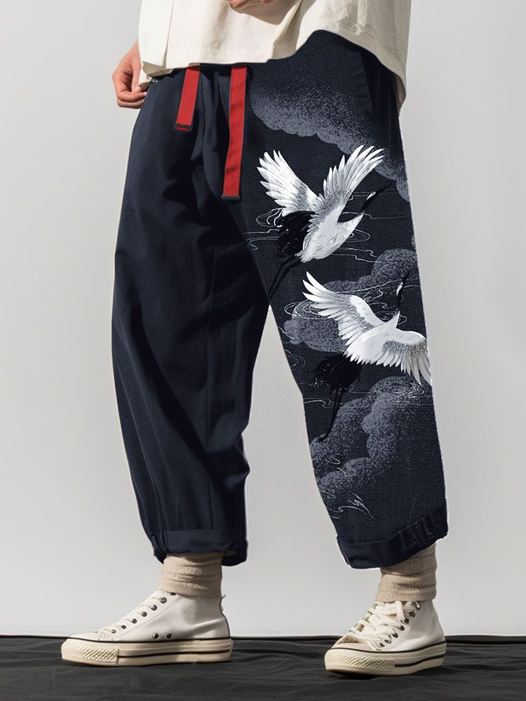 Мужские монохромные свободные модели с принтом журавля в японском стиле Брюки, зима