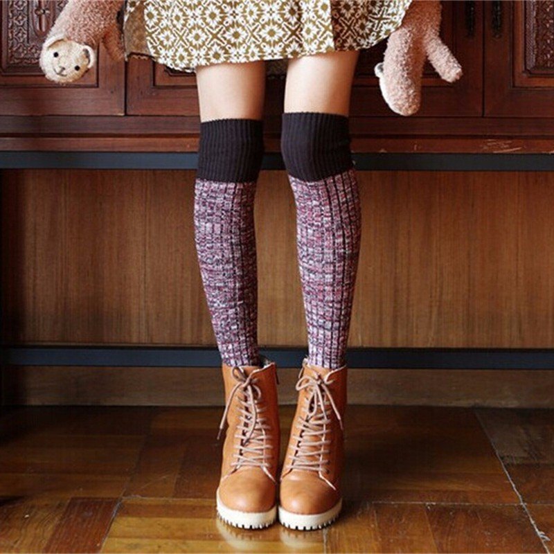 

Women Thicken Wool Cotton Over Knee Long Socks Japanese Style Retro Warm Thigh High Stockings, Khaki;red;black;gray
