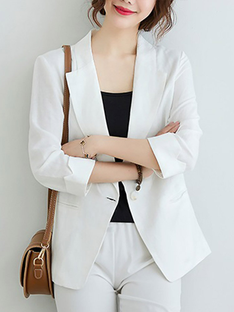 Solid Pocket Button Front Lapel 3/4 Sleeve Blazer