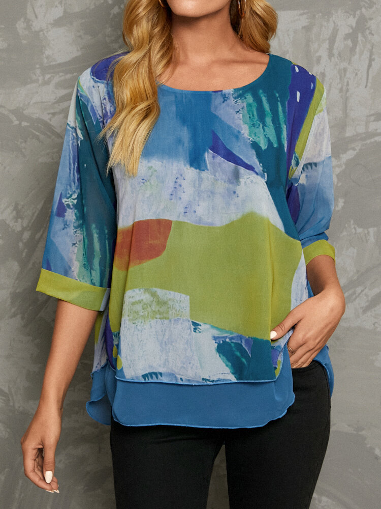 Plus Size Abstract Art Illustration Print Patchwork Casual Blouse