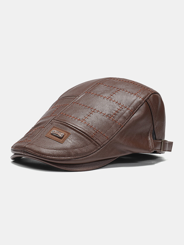 

Collrown Men Faux Leather Solid Retro Classical Color Metal Badge Flat Hat Forward Hat Beret Hat, Brown;black;navy