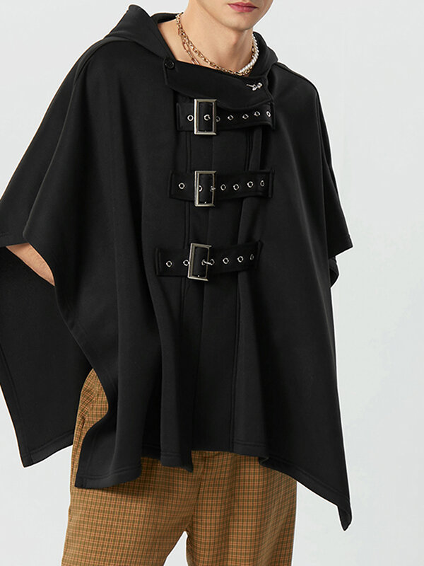 

Mens Solid Metal Buckle Design Hooded Cloak, Black;khaki