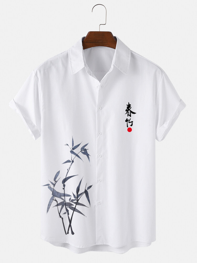 Mens Bamboo Chinese Character Print Button Up Short Sleeve Shirts