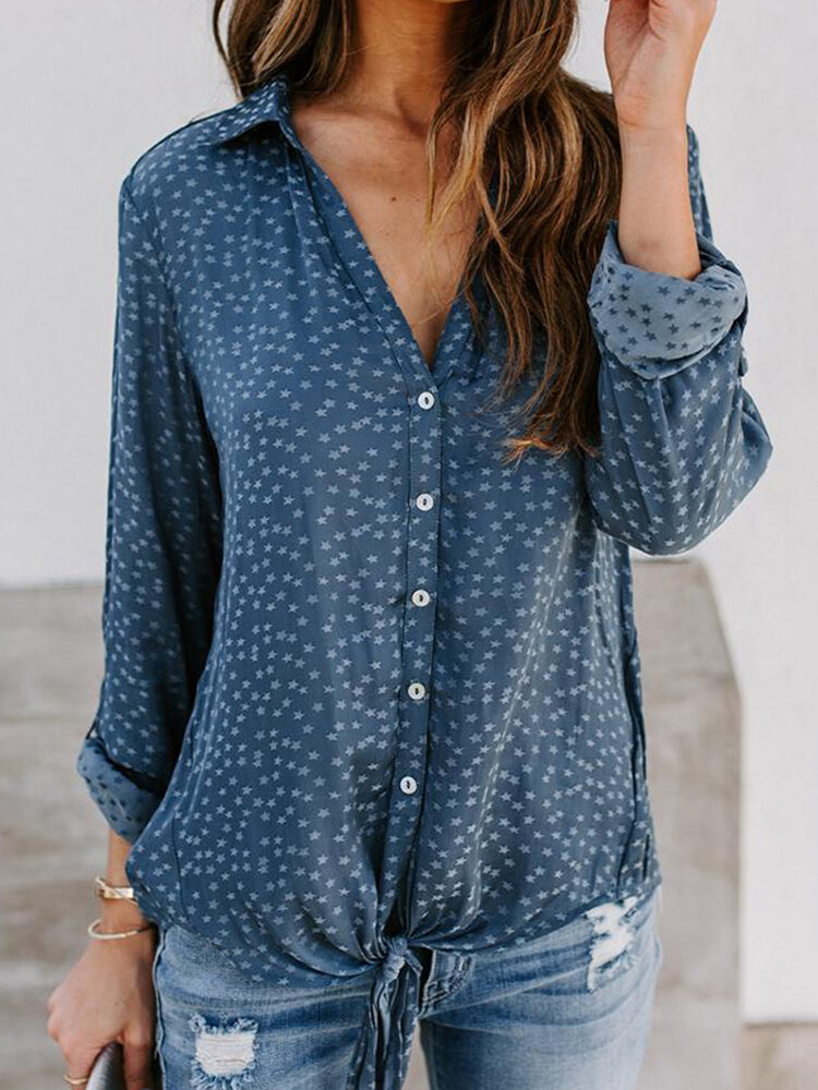 Star Printed Turn-down Collar Button Knot Blouse